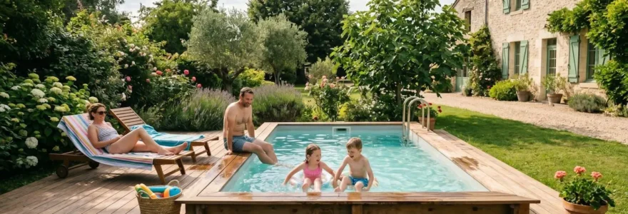 Famille profitant d'une piscine bois dans un jardin paysagé en été