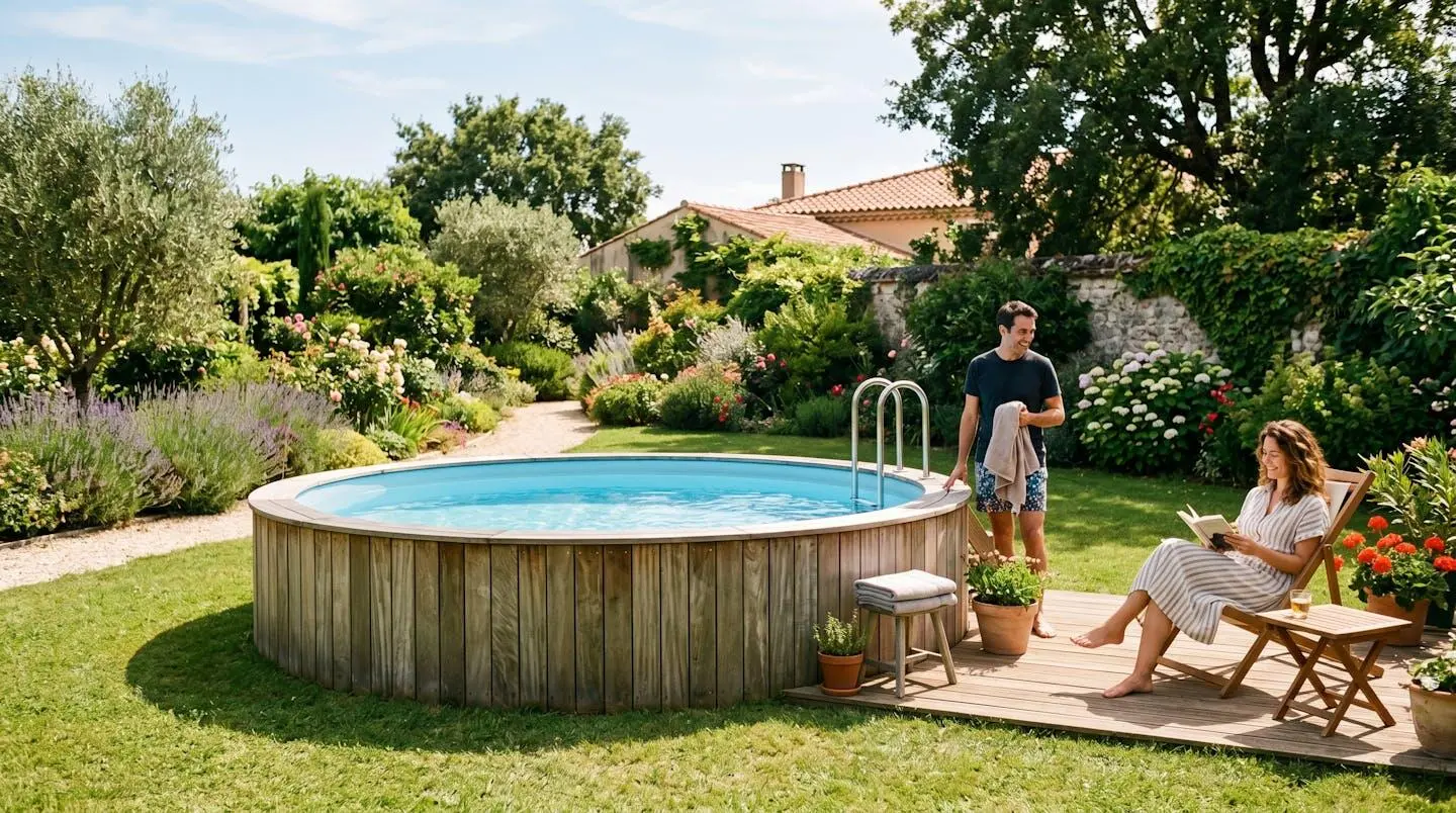 Piscine acier ronde dans un jardin familial avec habillage bois composite