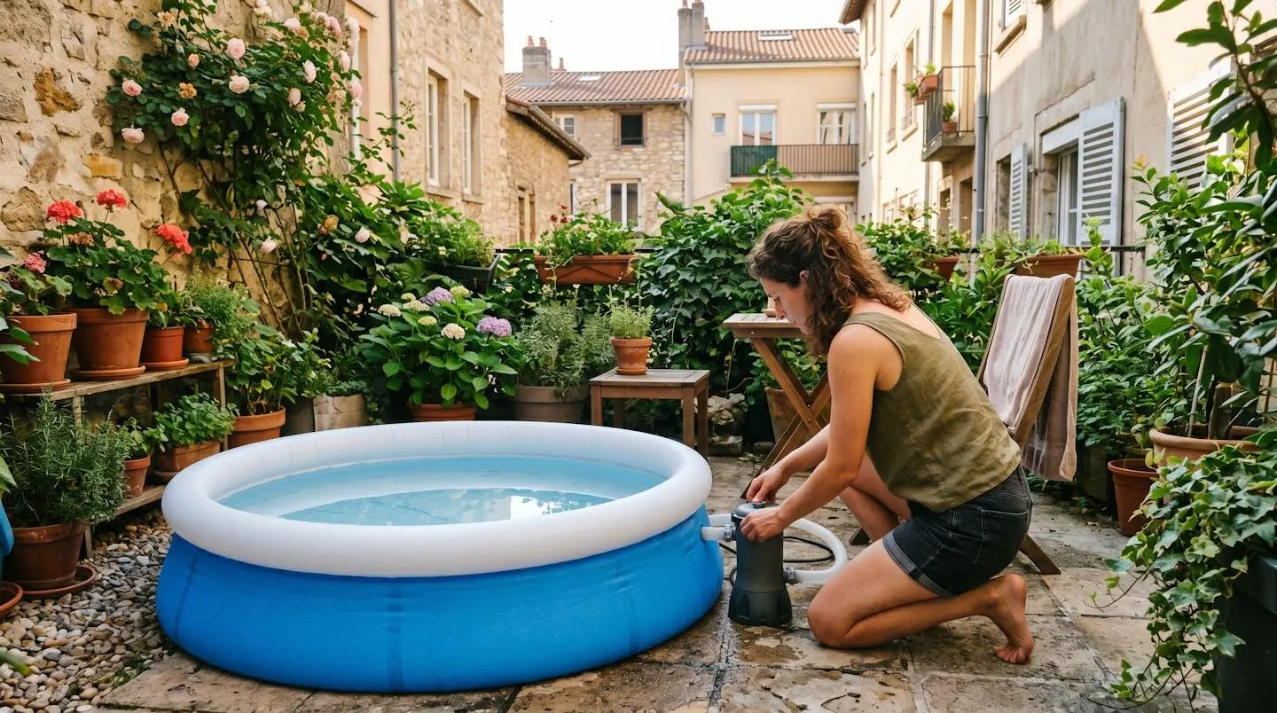 Piscine autoportée dans un petit jardin urbain avec terrasse